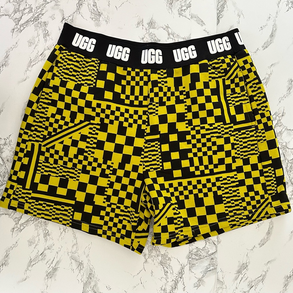 UGG Chrissy Checkered Fleece Shorts Black Mustard Yellow Women’s Size Medium
